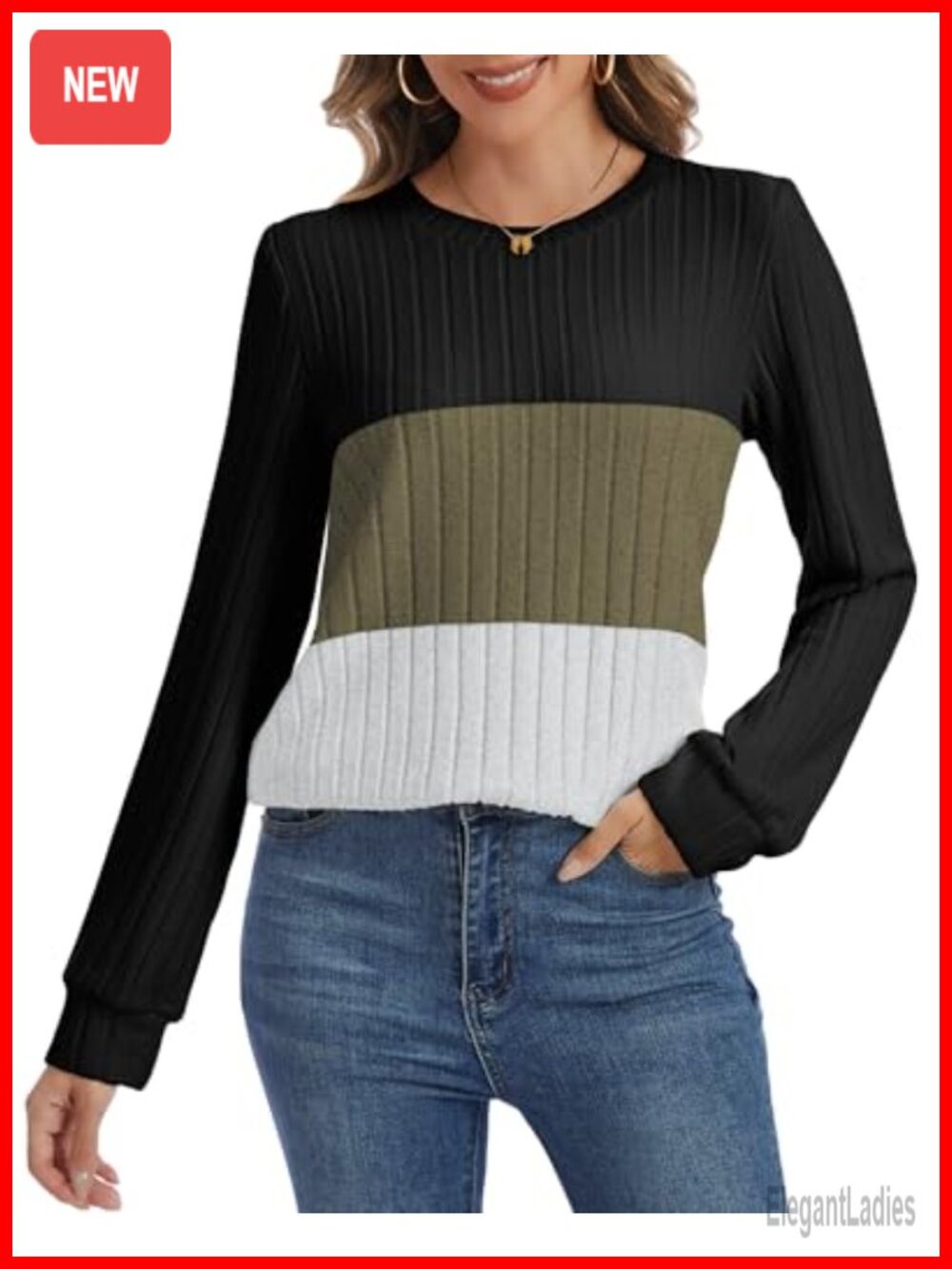 Women's Color Block Long Sleeve Tunic Sweater Pullover Crew Neck Fitted
